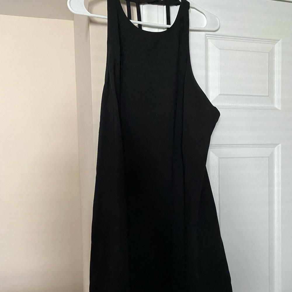 Black shift dress with strappy open back